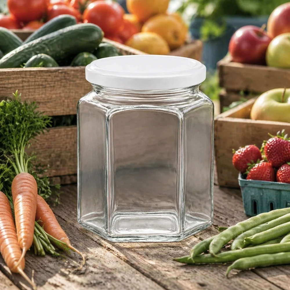 400g Honigglas mit weißem Deckel BasicSeal UNiTWIST 400g Honigglas sechseckig leer mit weißem Deckel zwischen frischem Gemüse und Obst auf Holztisch im Landhausstil
