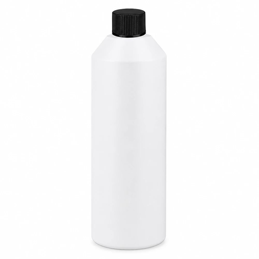 Weiße Rundflasche 250ml HDPE mit schwarzem Verschluss ideal für Pharmazie und Kosmetik