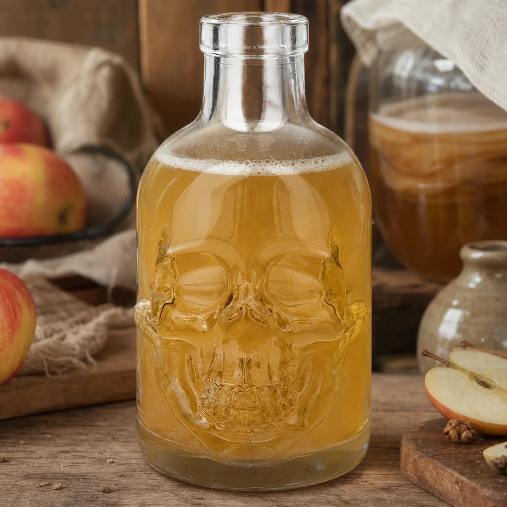 200ml Glasflasche "Jack" ohne Verschluss UNiTWIST Totenkopf Glasflasche Jack 200ml mit Apfelsaft befüllt umgeben von frischen Äpfeln rustikales Küchen Ambiente UNiTWIST