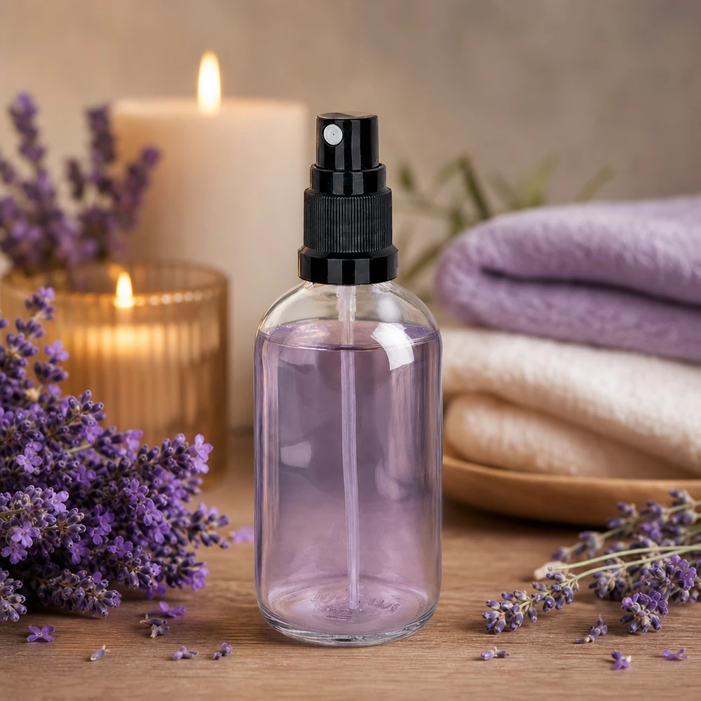 Transparente 100ml Glasflasche mit schwarzem Sprühaufsatz für ätherische Öle und Hydrolate
