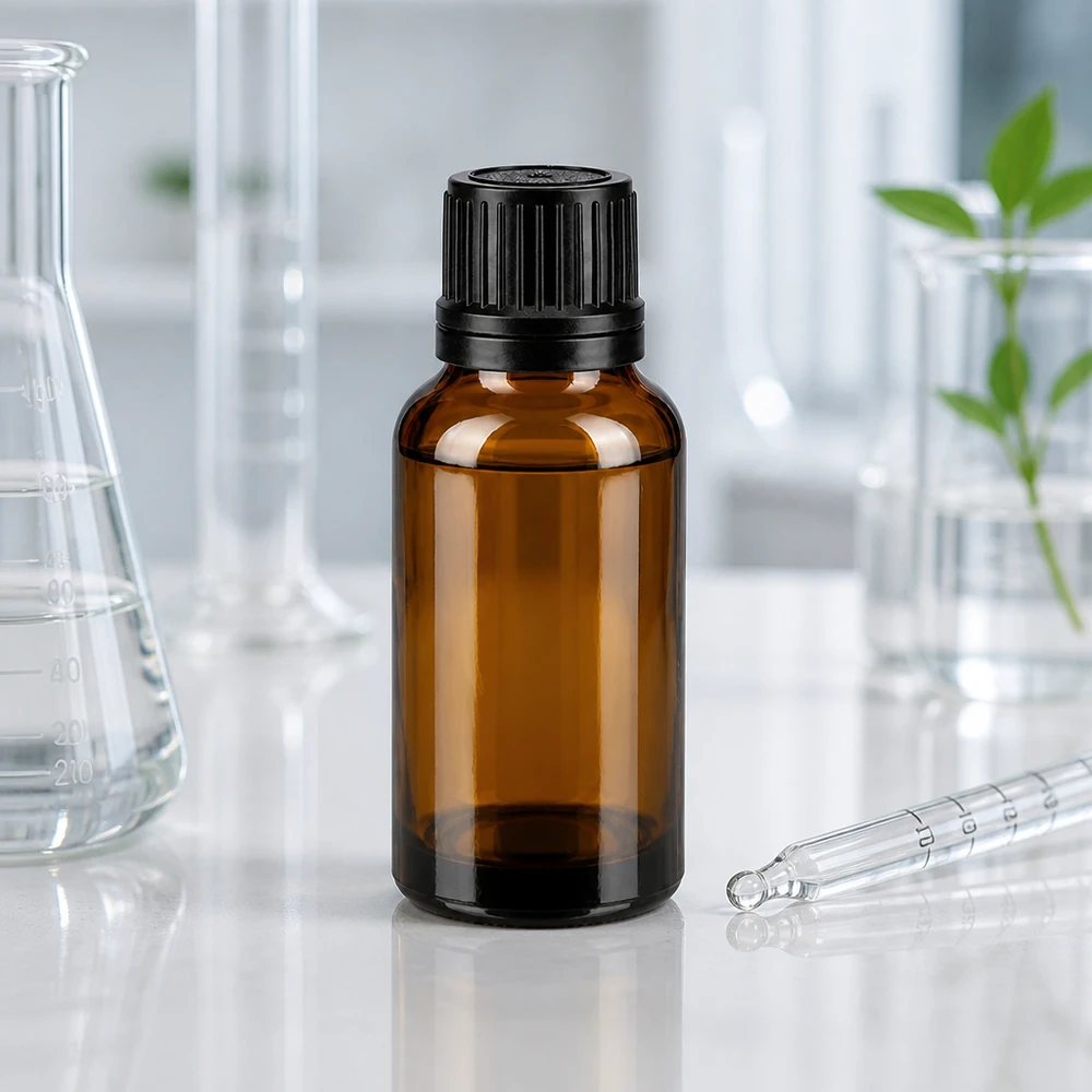 UV-schützende 20ml Tropfflasche ApoGlas mit 1mm Tropföffnung und schwarzem Deckel