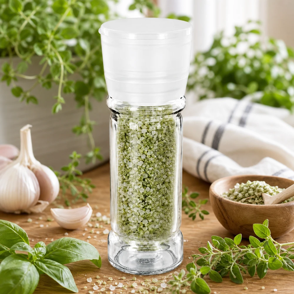 Kompakte 100ml Salzmühle mit Kräutersalz neben frischem Basilikum und Oregano auf Holzoberfläche