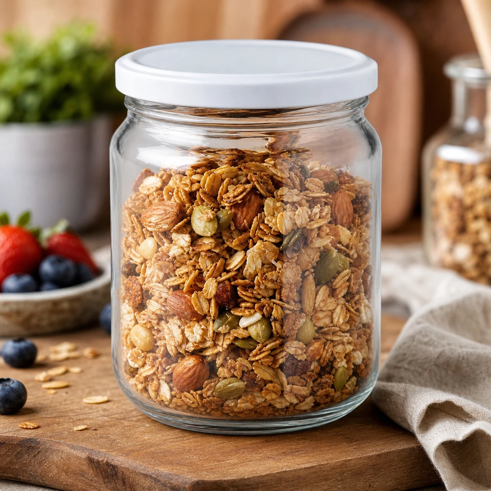 212ml UNiTWIST Rundglas mit BasicSeal Deckel gefüllt mit Müsli Nüssen Samen Granola Vorratsglas Küchenzubehör