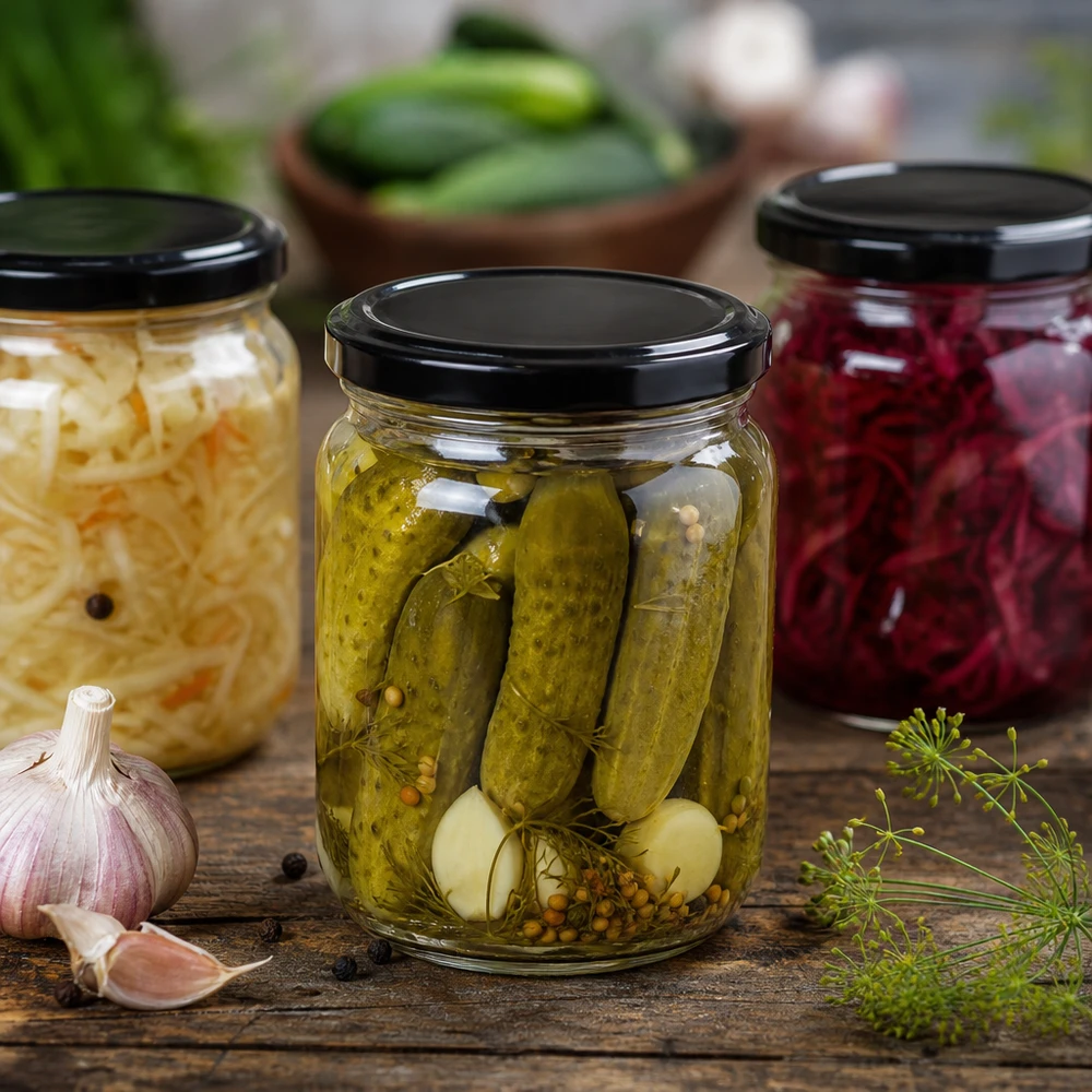 212ml Rundglas mit schwarzem BasicSeal Deckel für eingelegte Gurken Pickles in rustikaler Küche mit Knoblauch Dill