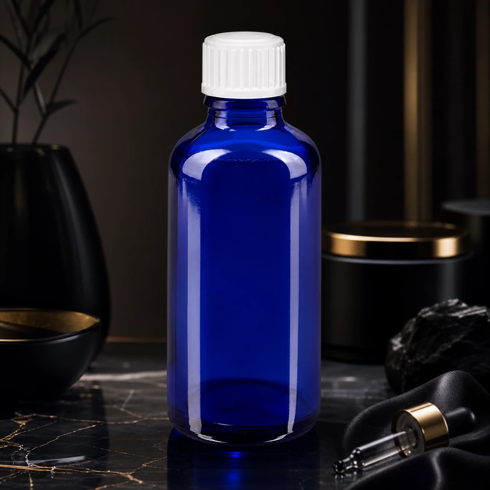 Apothekenflasche blau 50ml Schraubverschluss weiß Globuli Standard Professionelle 50ml Blaугlasflasche Standard GR mit weißem Verschluss für Kosmetik und Pharmazie