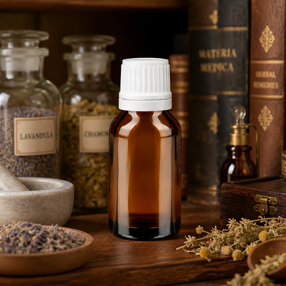 Apothekenflasche Braunglas 15ml mit weißem Tropfverschluss in historischer Kräuterapotheke
