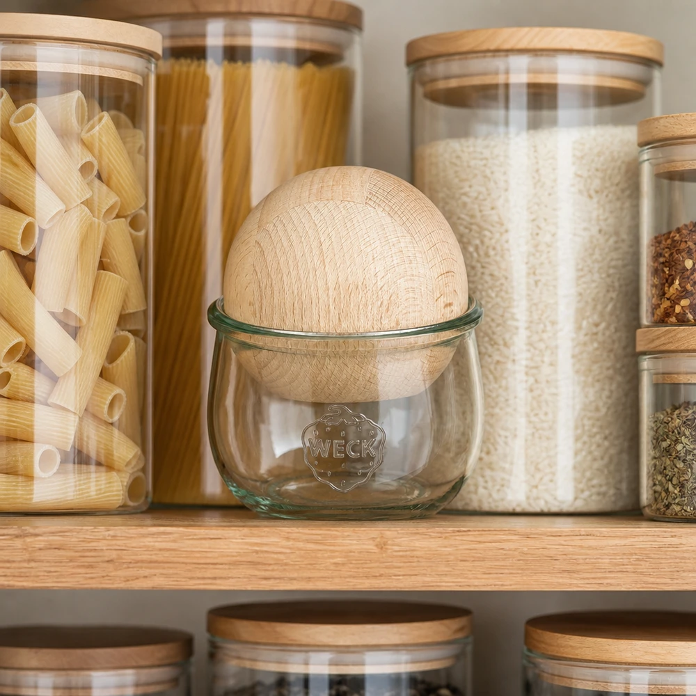 WECK Tulpenglas 580ml RR100 mit Buchenholzkugel in organisierter Vorratsküche zwischen Pasta und Reis Aufbewahrungsgläse