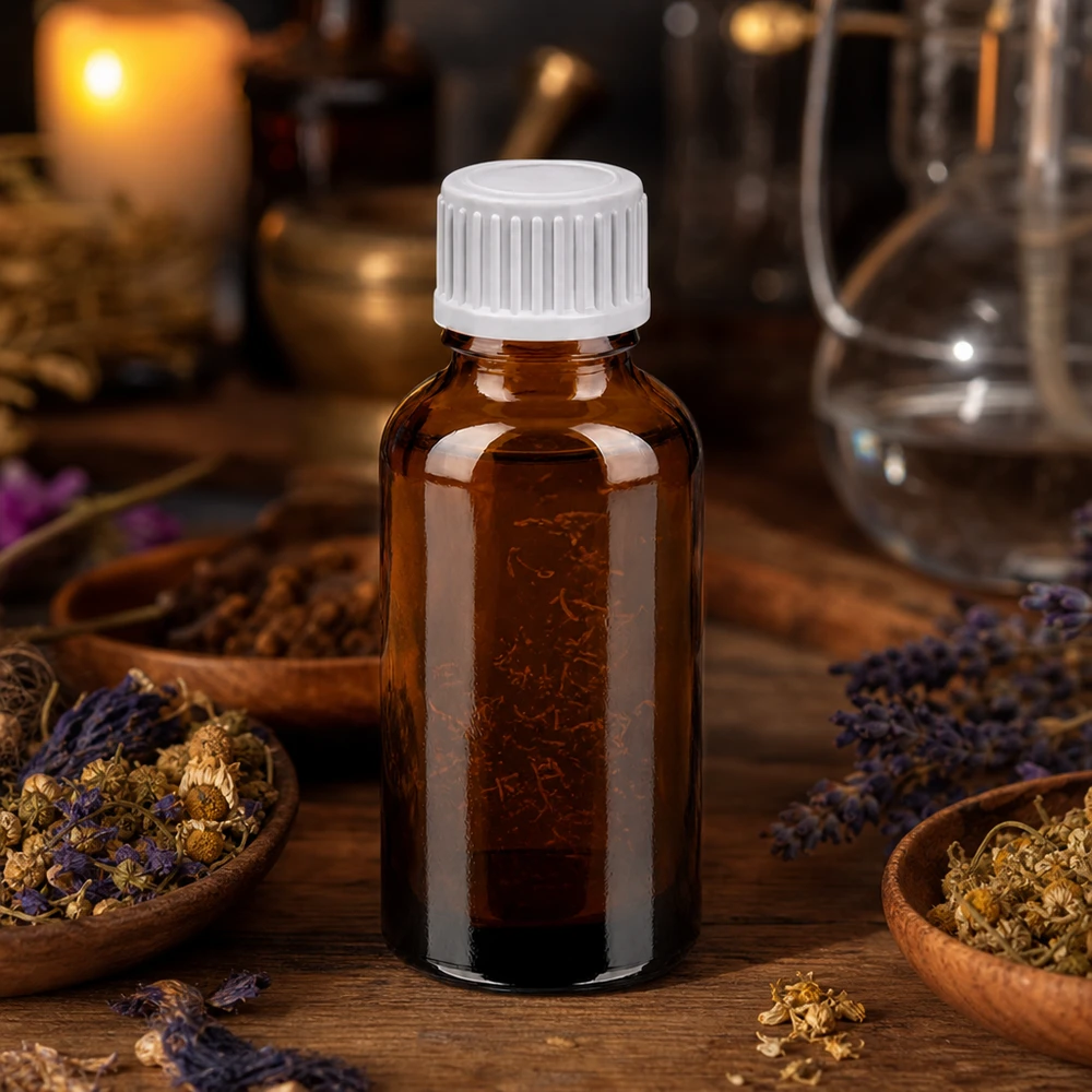 Handliche 30ml Braunglasflasche mit ergonomischem weißem Tropfverschluss STD-Größe