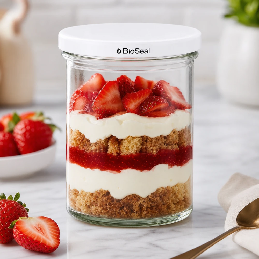 435ml Sturzglas mit BioSeal Deckel weiß UNiTWIST UNiTWIST Sturzglas 435ml mit geschichtetem Erdbeerdessert und frischen Beeren zeigt kreative Nachtisch-Präsentation