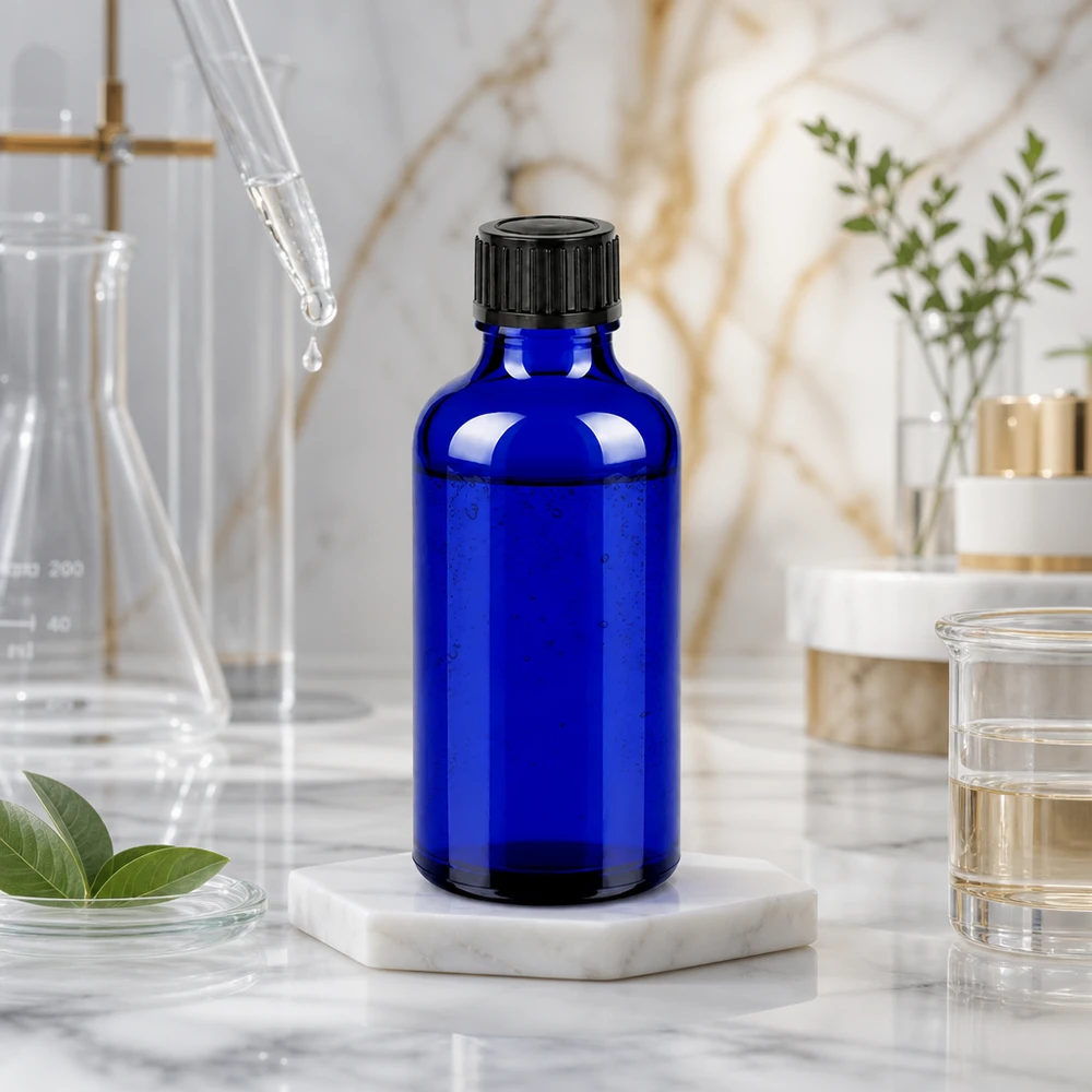 50ml Flasche 11mm Schraubverschluss schwarz Originalitätsverschluss BlueLine UT18/50 Vielseitige 50ml blaue Glasflasche mit schwarzem Originalitätsverschluss für DIY-Kosmetik und Tinkturen