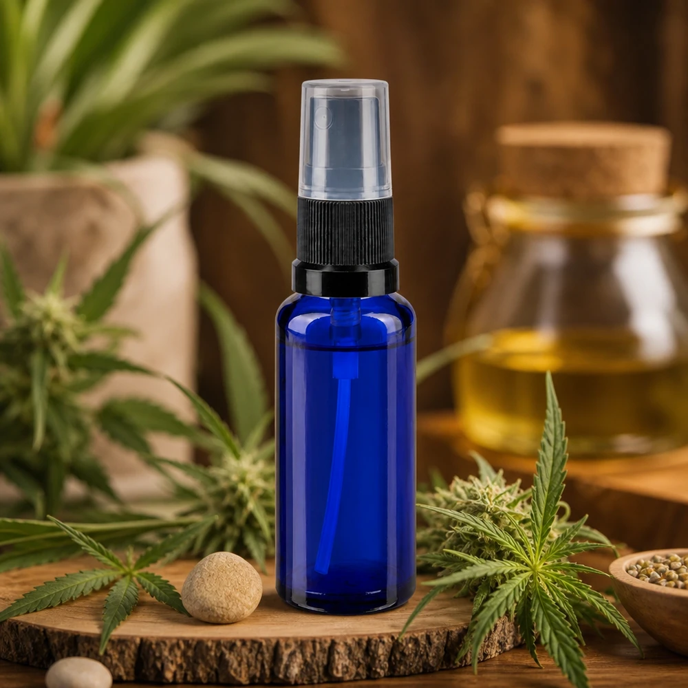 Apothekenflasche blau 30ml Sprayaufsatz schwarz Kompakte 30ml Glassprayflasche in Apothekenqualität mit Hanfsamen und goldgelbem Pflanzenöl