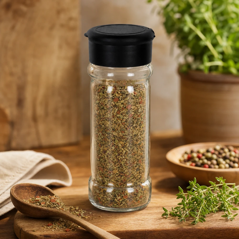 Salz-/Gewürzglas 100ml mit Streuer schwarz Rundes Salz- und Gewürzglas 100ml mit schwarzem Deckel zwischen frischen Kräutern