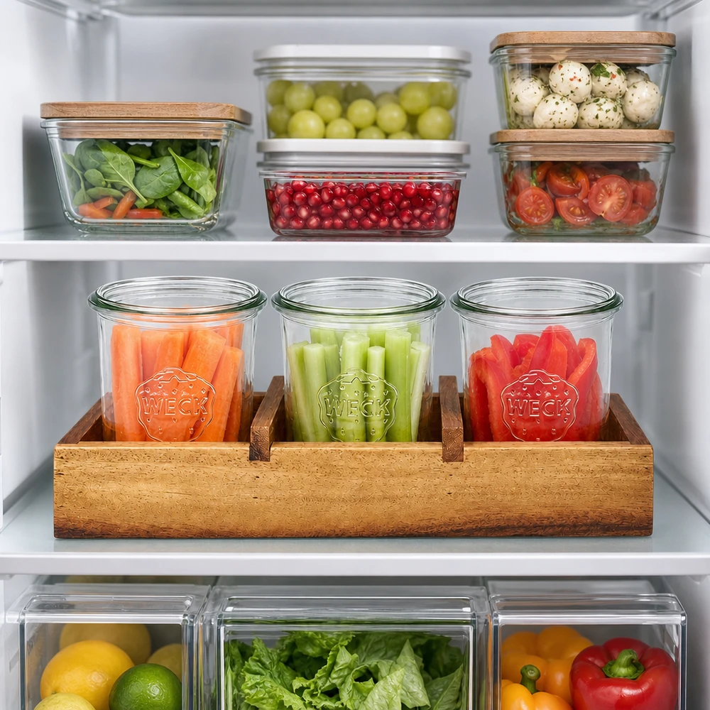Servierbrett Box3 Akazienholz für 3 WECK Sturzgl. Akazienholz Servierbrett Box3 WECK Gläser Kühlschrank Organisation Meal Prep Gemüse Aufbewahrung frische Lebensmittel