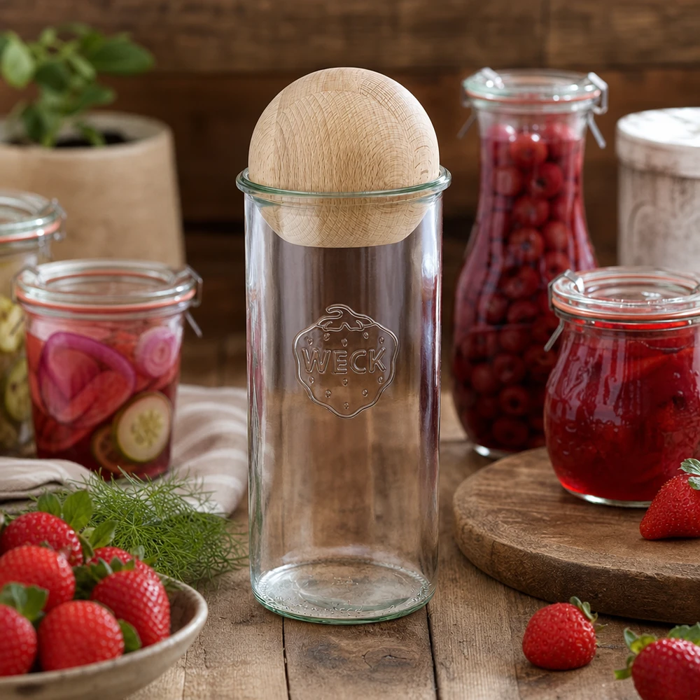 1500ml Sturzglas WECK RR100 mit Holzkugel Buche WECK Sturzglas 1500ml RR100 dekorativ arrangiert mit Marmeladengläsern und frischen Erdbeeren auf Holztisch