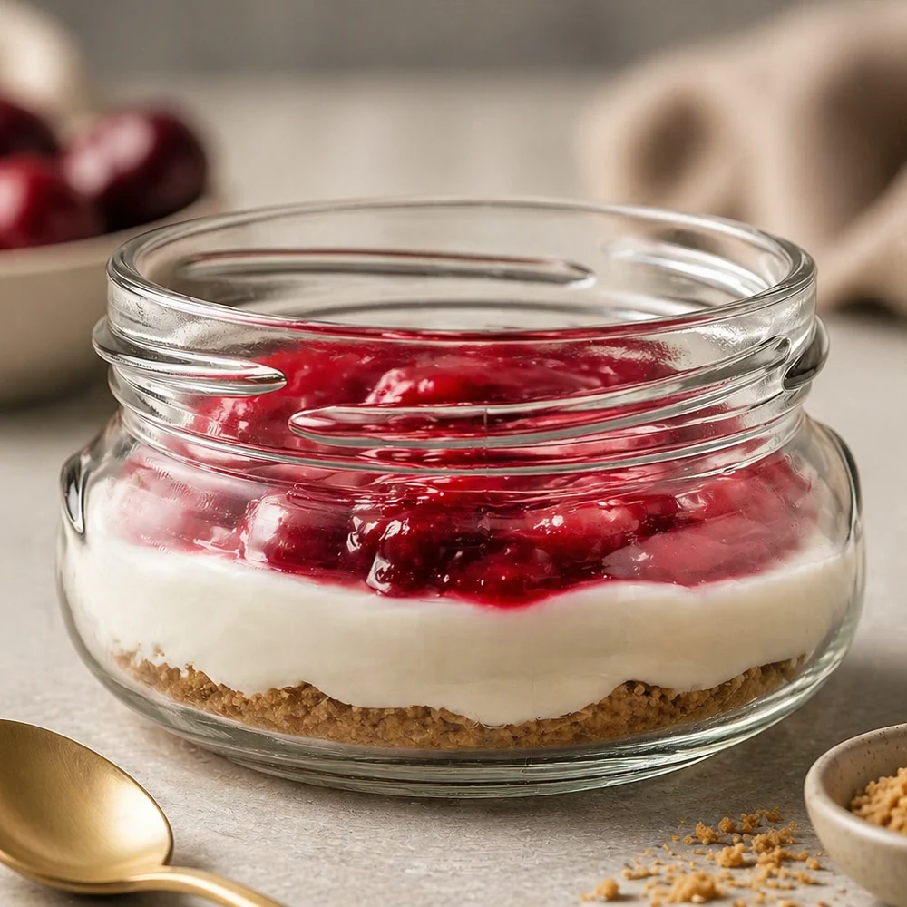 120ml Terrinenglas ohne Deckel (TO70) UNiTWIST UNiTWIST Terrina120 Terrinenglas 120ml mit Dessert gefüllt - rote Fruchtschicht auf weißer Creme und Keksboden