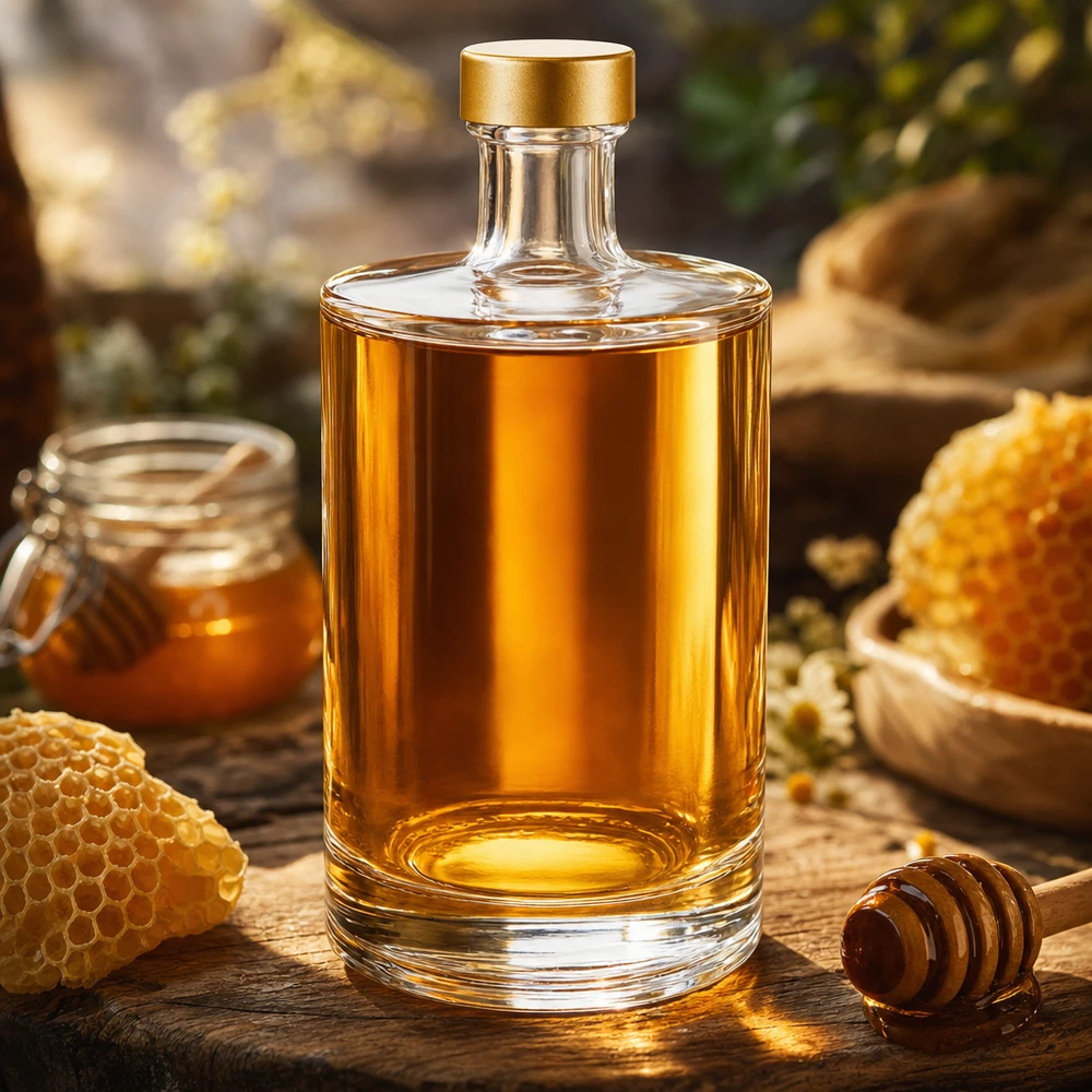 500ml Glasflasche "Sam" + Schraubverschluss gold UNiTWIST Glasflasche Sam 500ml mit Honig befüllt rustikale Küchendeko Bienenwaben Honiglöffel UNiTWIST gold Verschluss