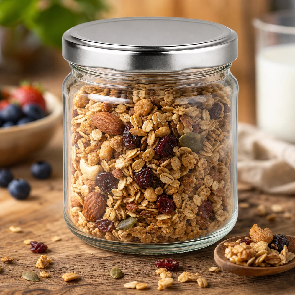 212ml Rundglas + BasicSeal Deckel silber TO63 UNiTWIST 212ml Rundglas gefüllt mit Müsli und Nüssen zeigt praktische Aufbewahrung von Lebensmitteln im Vorratsschrank