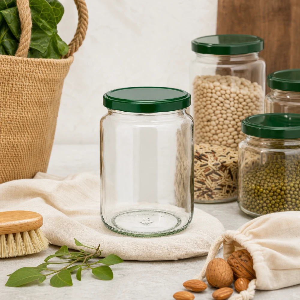 795ml Rundglas + BasicSeal Deckel grün UNiTWIST 795ml Rundglas UNiTWIST mit grünem Deckel in nachhaltiger Zero-Waste-Küche neben Nüssen und Hülsenfrüchten