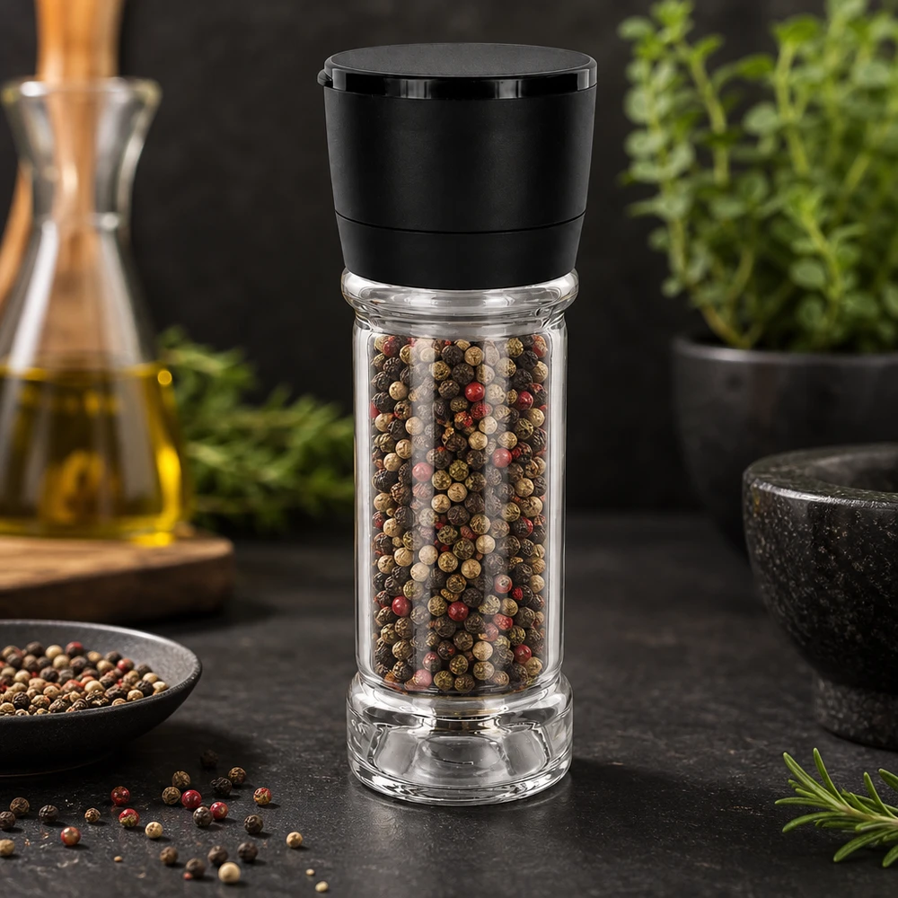 Salz-/Gewürzglas 100ml mit Mühle Vario schwarz Klares Glas-Gewürzstreuer mit schwarzer Mühle Vario neben Olivenöl Kräutern und Mörser