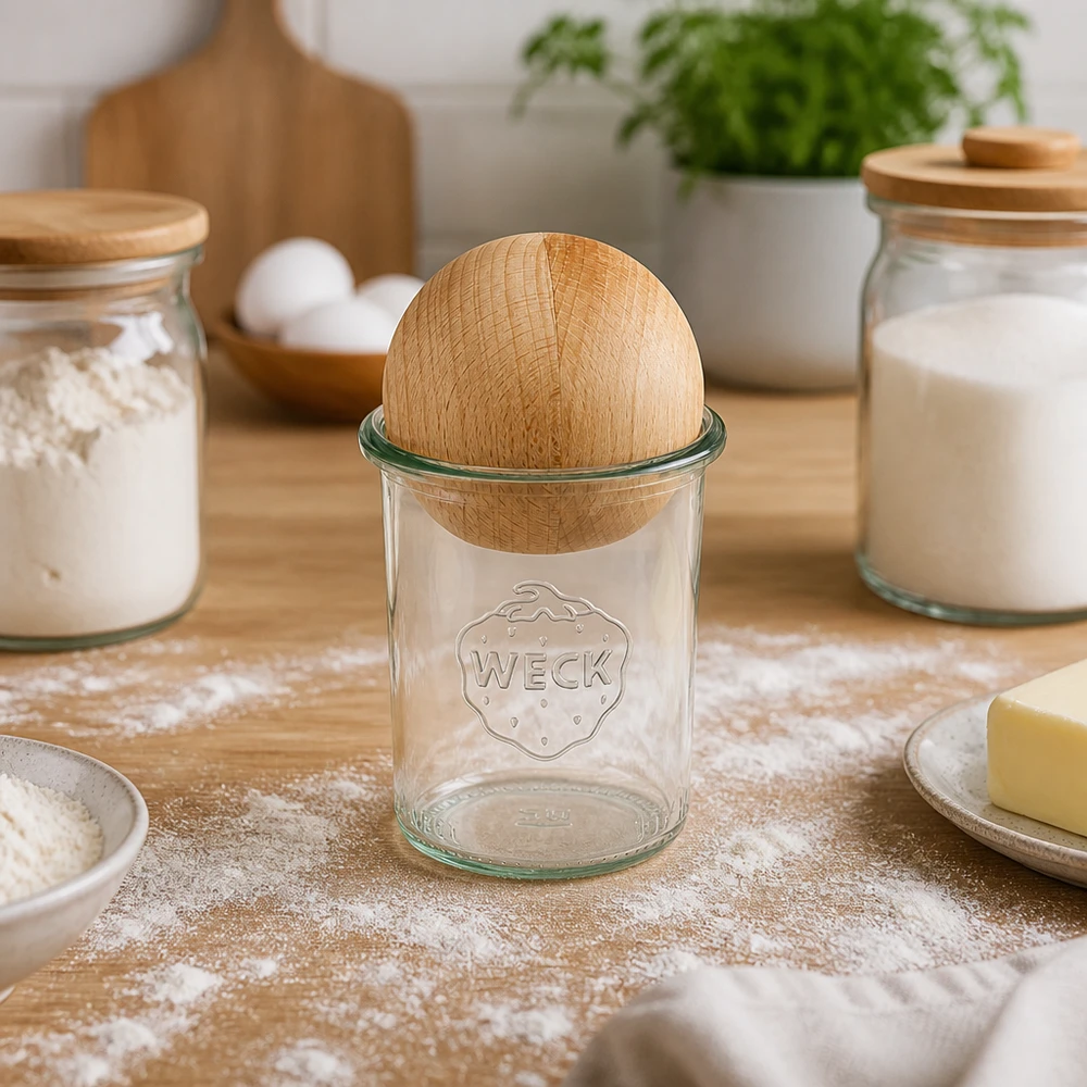 WECK Sturzglas RR60 160ml mit Buchenkugel-Verschluss in Backküche zwischen Mehlgläsern und Backzutaten arrangiert