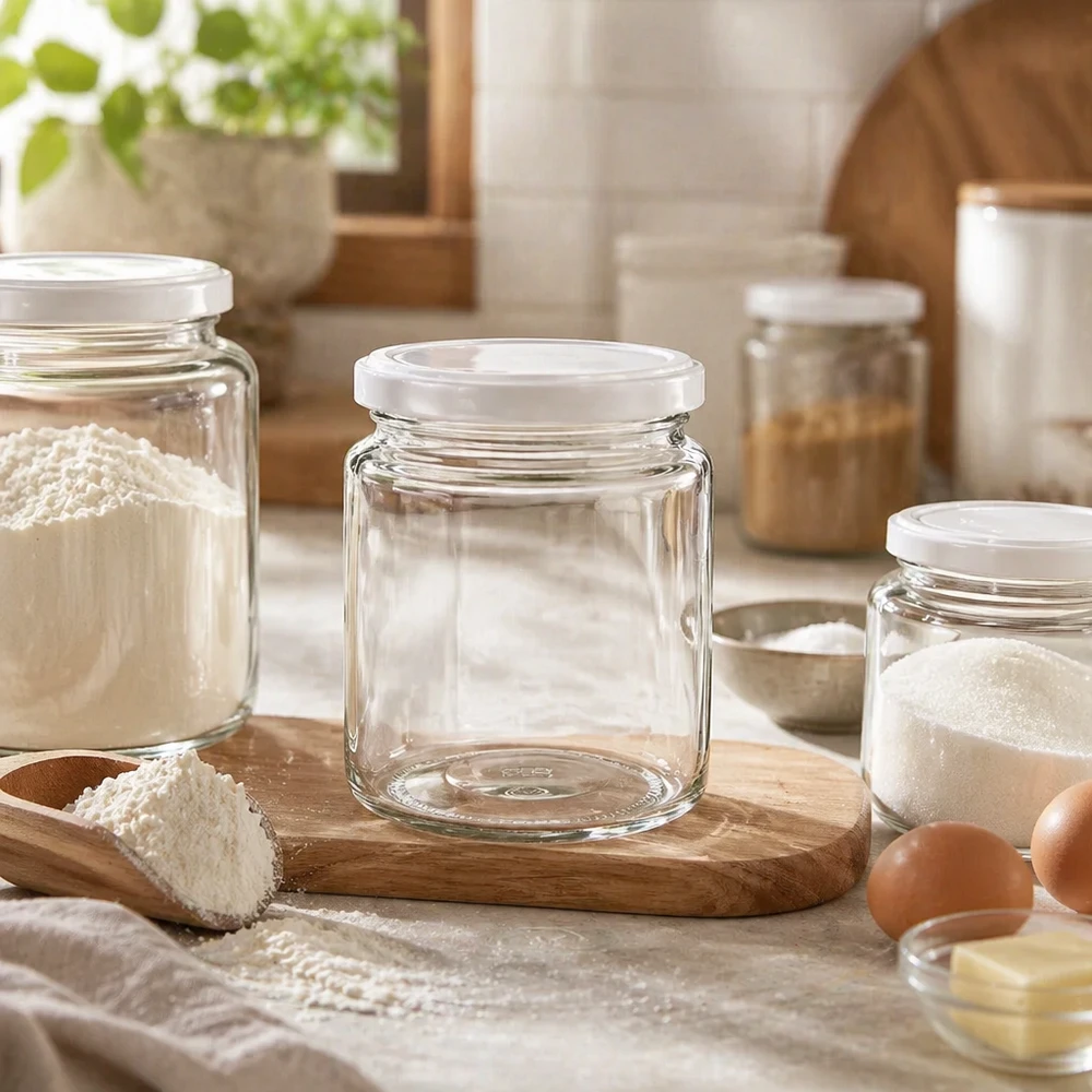 350g Honigglas + BasicSeal Deckel weiß UNiTWIST Leeres 250ml Honigglas mit weißem BasicSeal Deckel auf Holzbrett in rustikaler Küche zwischen Vorratsgläsern