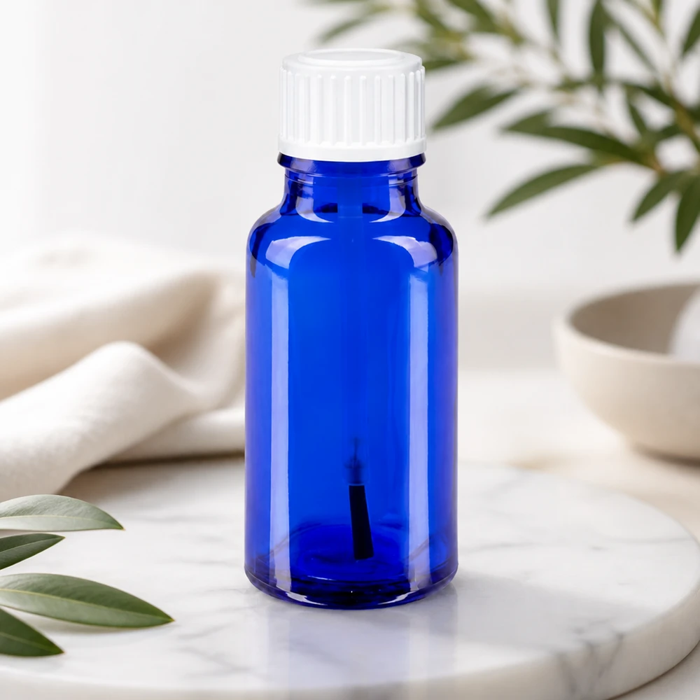 Apothekerflasche blau 20ml Borosilikatglas mit weißem Schraubdeckel Pinseleinlage