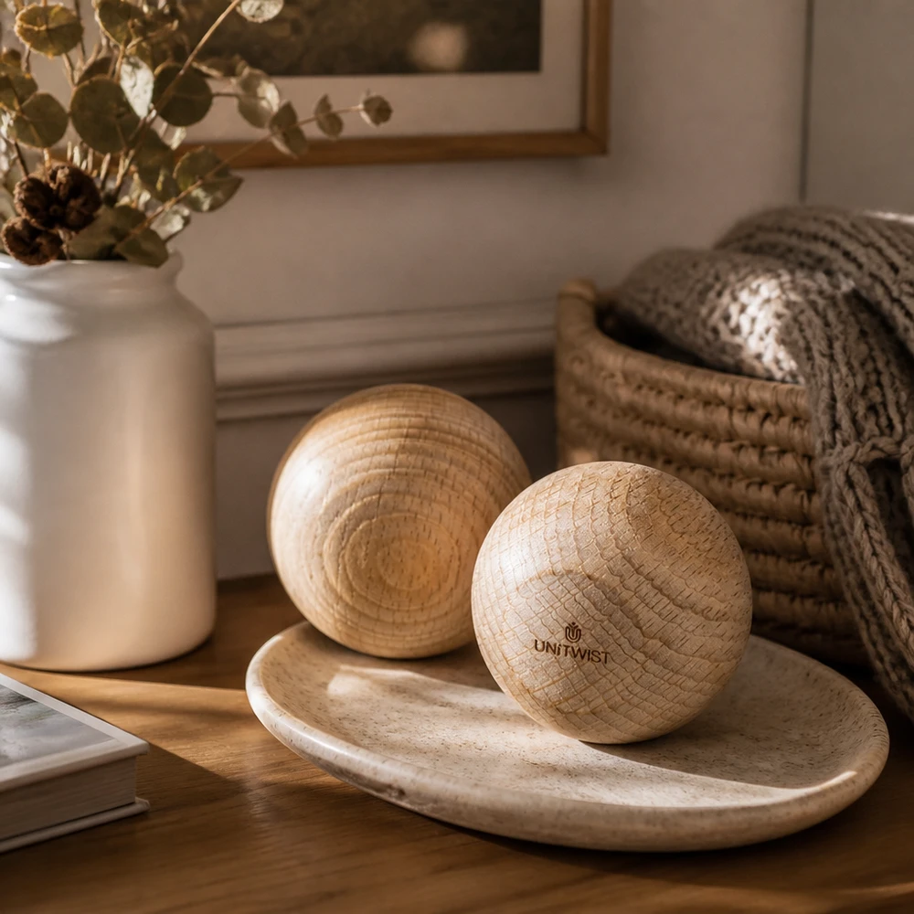 UNiTWIST Holzkugel Buche WECK RR60 auf Holzschale dekorativ arrangiert mit Keramikvase und Strickware Wohnaccessoire