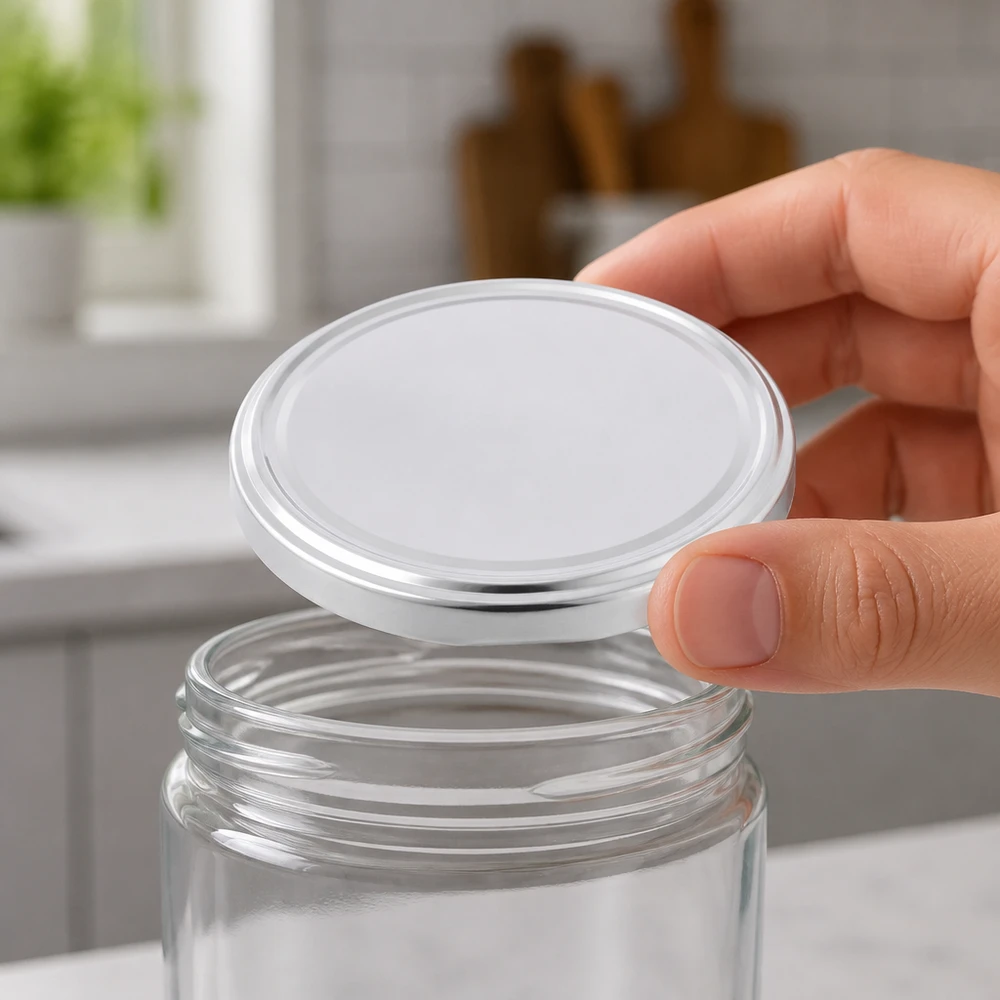 Leeres Einmachglas mit aufgesetztem BasicSeal TO82 Deckel 82mm weiss Küchenszene