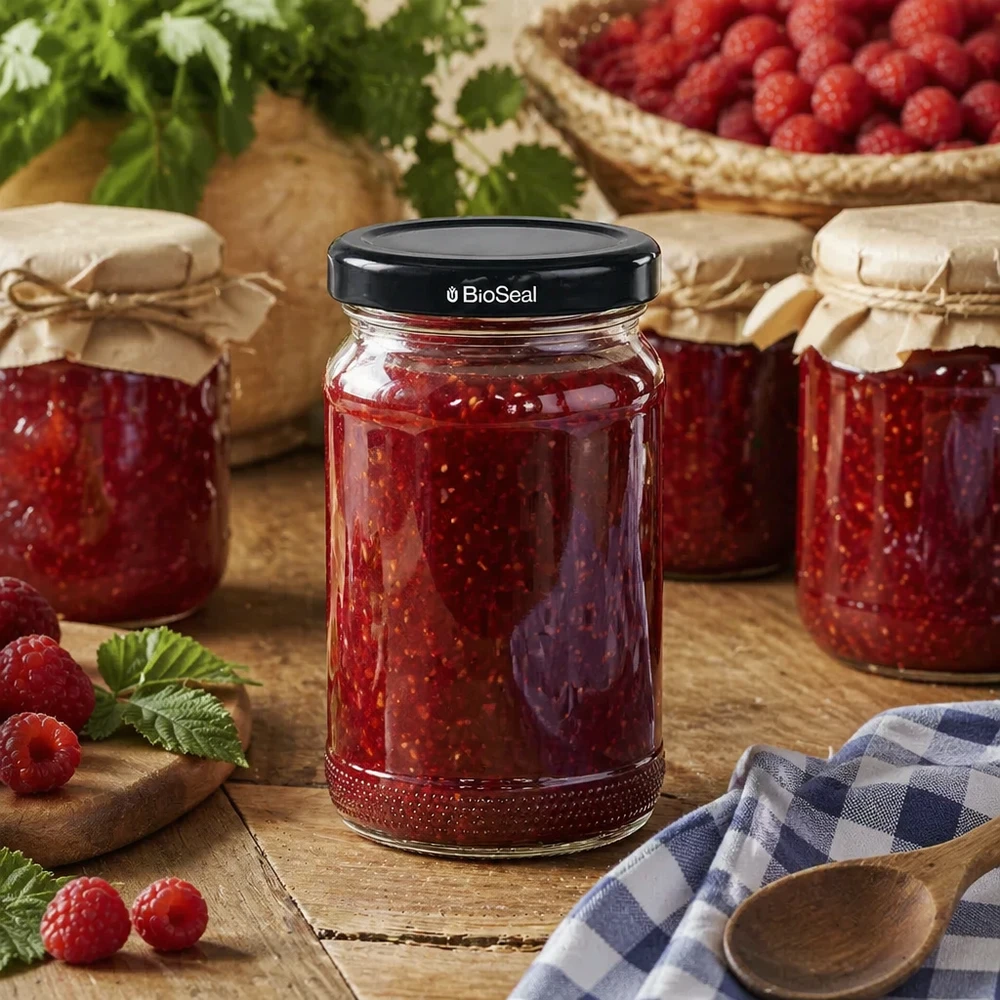 110ml Rundglas + BioSeal Deckel schwarz UNiTWIST UNiTWIST Runda110 mit Himbeermarmelade gefüllt und schwarzem TO48 BioSeal Deckel zwischen Einmachgläsern auf Holzuntergr
