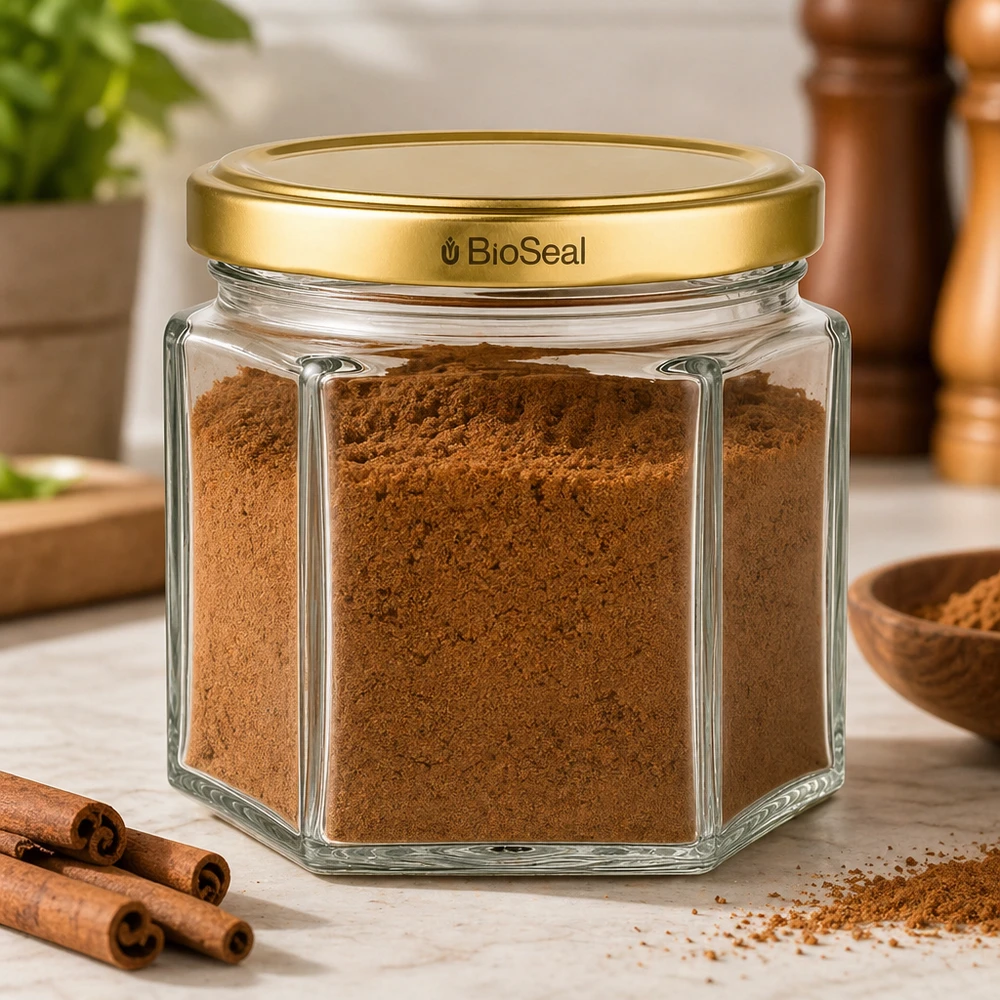 47ml Hexaglas mit BioSeal Deckel gold UNiTWIST UNiTWIST Hexa47 Glasgefäß mit goldenem BioSeal Deckel gefüllt mit Zimt in rustikaler Küche