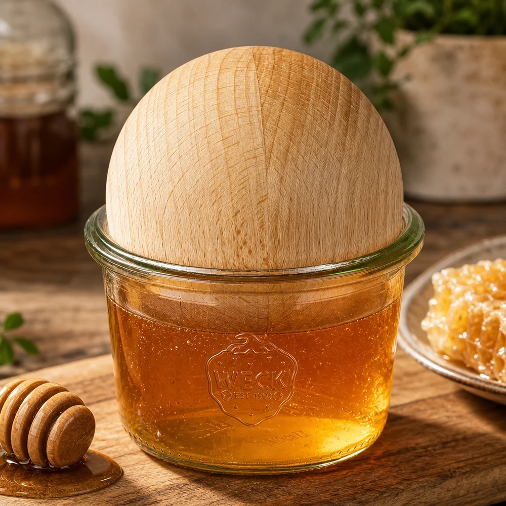 80ml WECK Sturzglas RR60 mit Honig gefüllt und Buchenholzkugel-Deckel neben Honiglöffel und Wabe