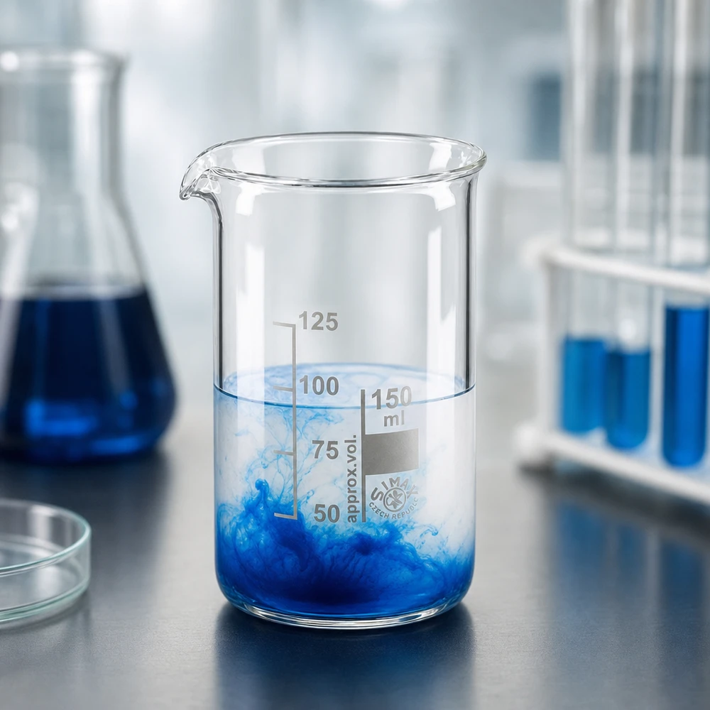 Becherglas 150ml hohe zylindrische Form mit blauer Tinte die sich im Wasser auflöst