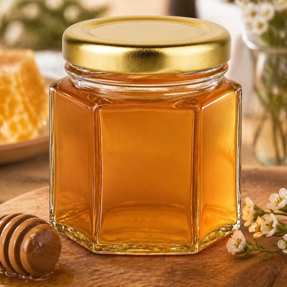 60g Honigglas mit goldenem Deckel BasicSeal UNiTWIST 60g Honigglas gefüllt mit goldenem Honig neben Holzlöffel und Blüten auf rustikalem Holztisch dekoriert