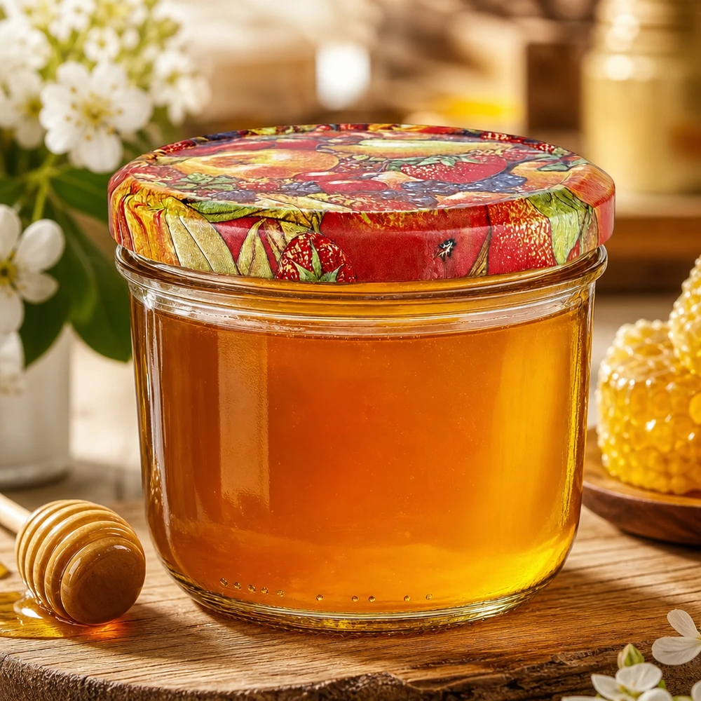230ml Sturzglas mit Honig befüllt und buntem BasicSeal Obstdekor-Deckel neben Honiglöffel und Bienenwabe