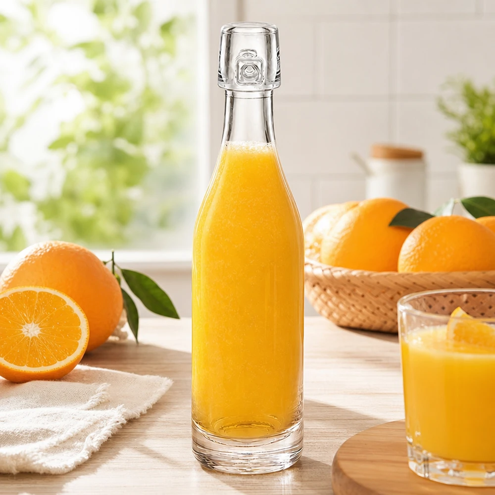 50ml Glasflasche ohne Bügelverschluss UNiTWIST® 50ml Glasflasche UNiTWIST mit Orangensaft befüllt zwischen frischen Orangen heller Küche Fensterlicht