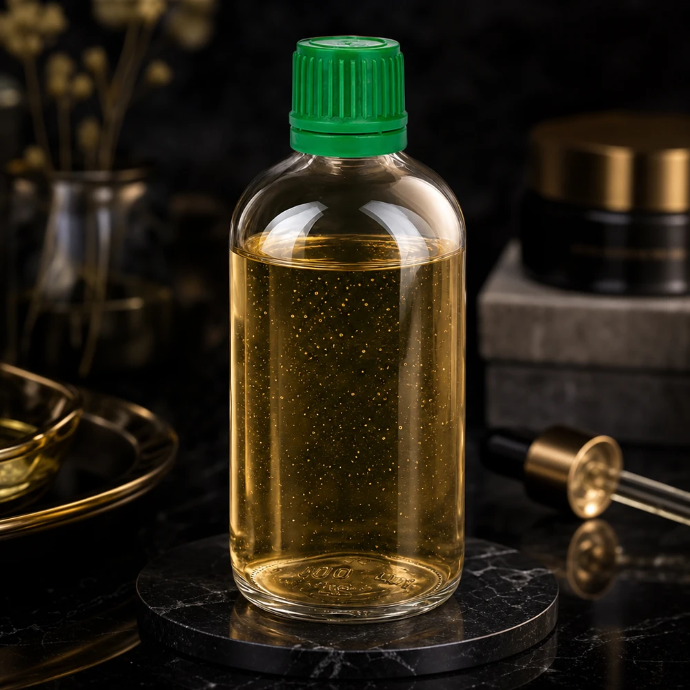 Zylindrische 100ml ClearLine Flasche UT18 grüner OV 11mm SV mit schimmerndem Öl befüllt