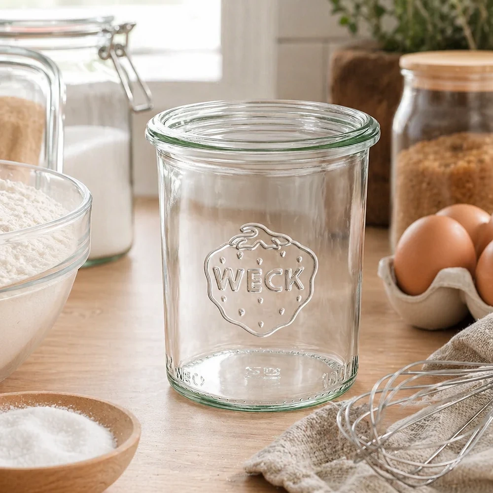 160ml Sturzglas WECK RR60 160ml WECK Sturzglas RR60 aus klarem Glas mit Logo in moderner Küche neben Eiern und Backzutaten