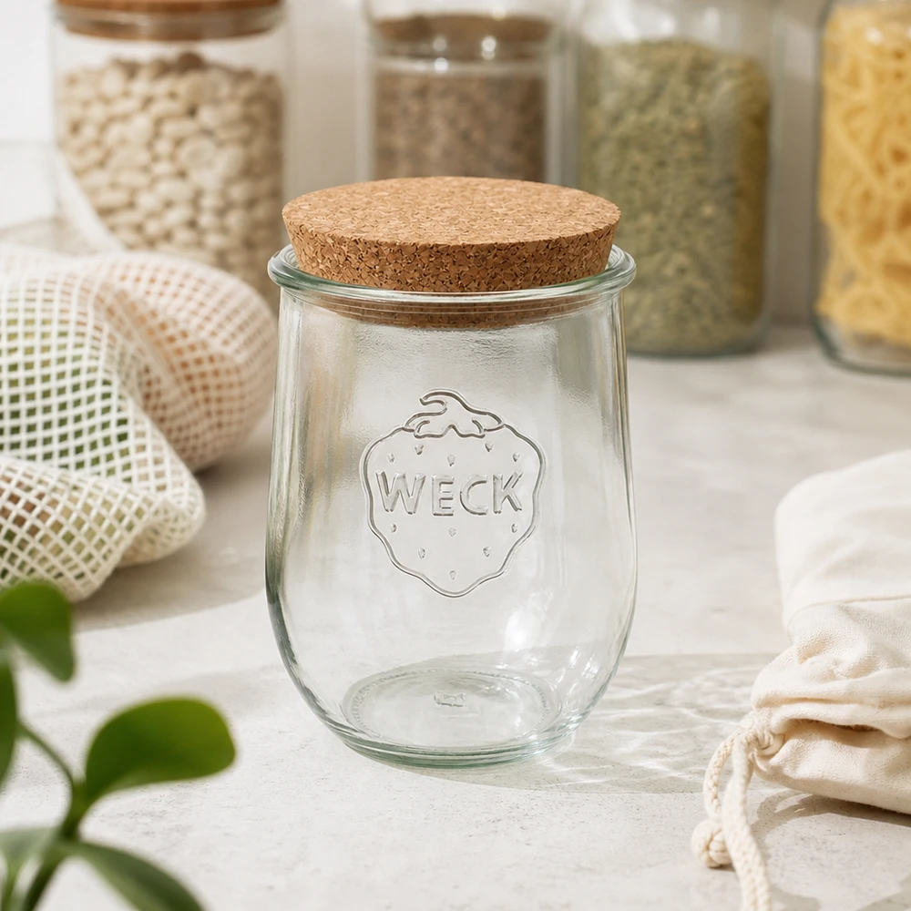 1062ml Tulpenglas WECK RR100 mit Korken natur WECK Einmachglas RR100 1062ml mit Korkdeckel in nachhaltiger Zero-Waste Küche zwischen Vorratscontainern