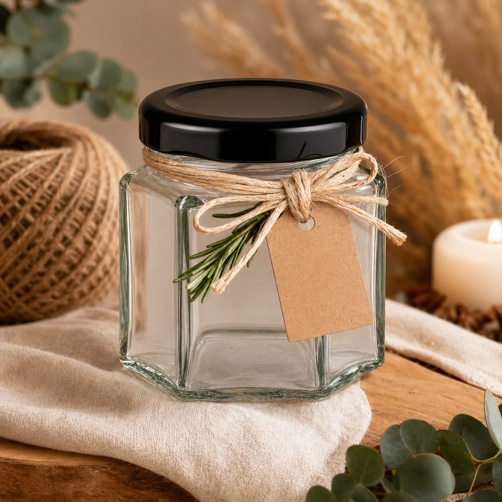 47ml Hexaglas mit BasicSeal Deckel schwarz UNiTWIST 47ml Hexaglas mit schwarzem Deckel dekorativ mit Juteband und Kräuterzweig als Geschenkverpackung inszeniert