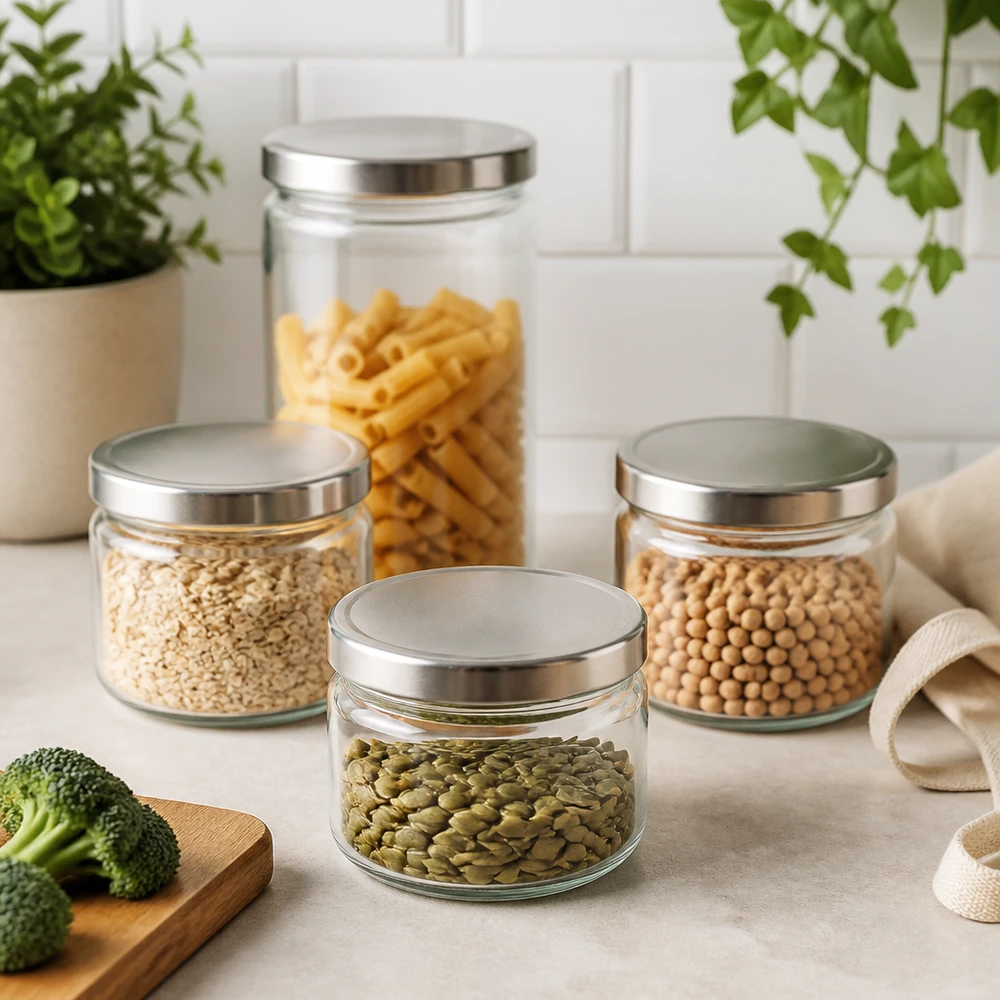 330ml Rundglas mit BasicSeal Deckel silber UNiTWIST 330ml Rundglas mit BasicSeal Deckel in moderner Küchenszene mit Pasta Linsen Kichererbsen Kürbiskernen Vorratsgläser Set