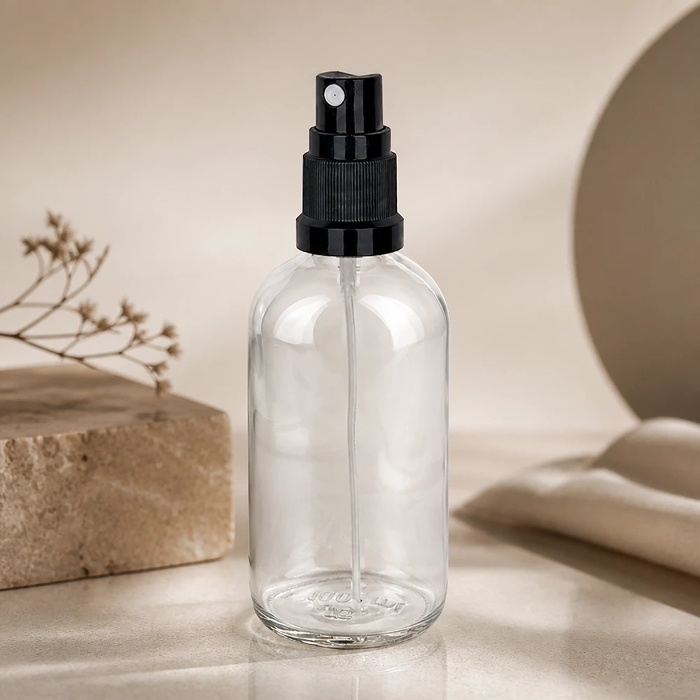 Leere Glasflasche 100ml mit schwarzem Feinnebel-Zerstäuber ClearLine Serie UT18 Standardmündung