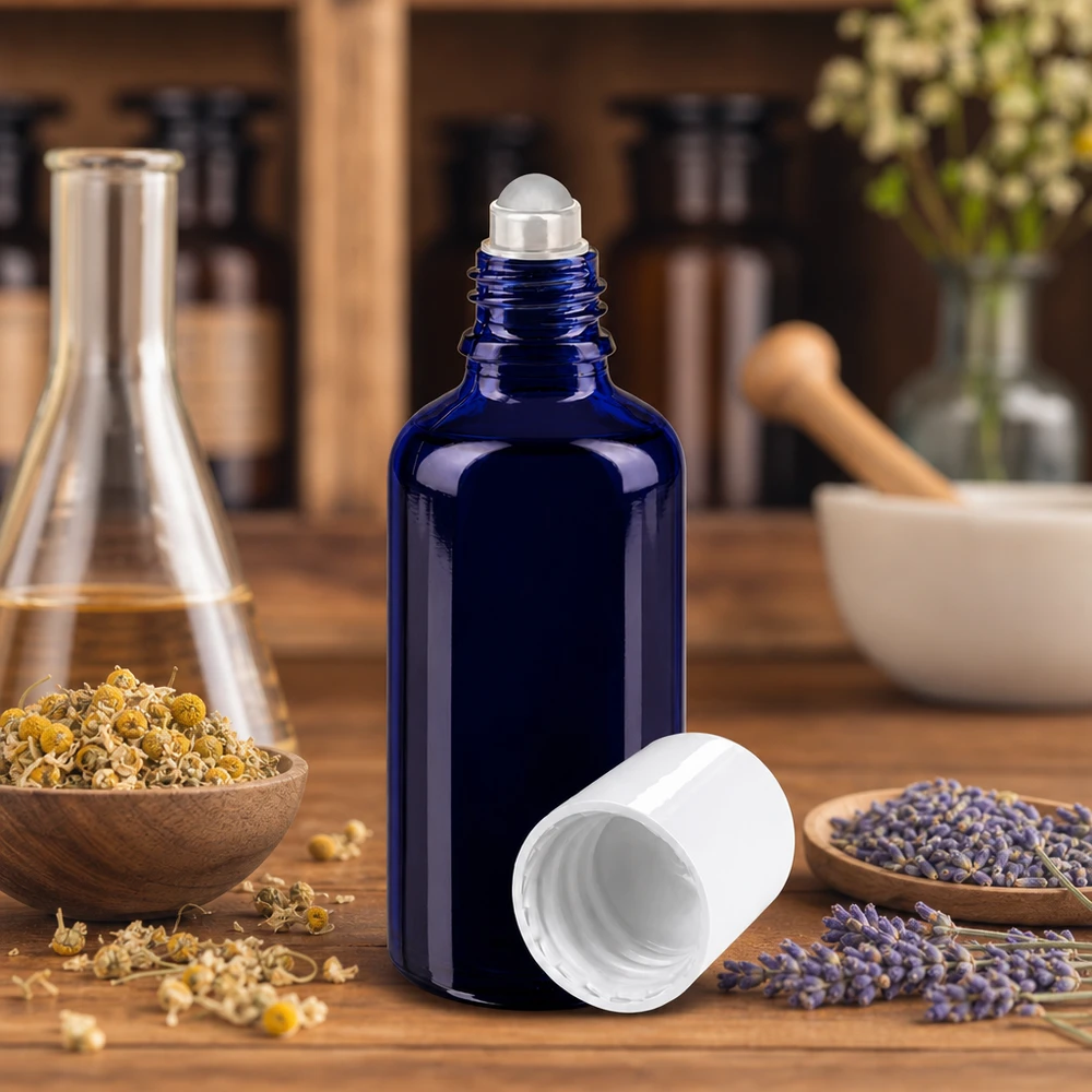 UV-Schutz Apothekerglasflasche 50ml blau mit Rollkugelaufsatz für ätherische Öle und Naturkosmetik