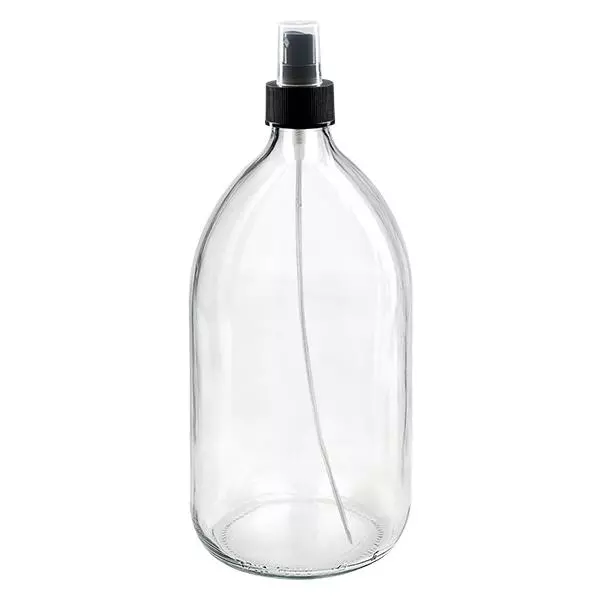 1000ml Medizinflasche klar, Pumpzerstäuber schwarz ApoGlas