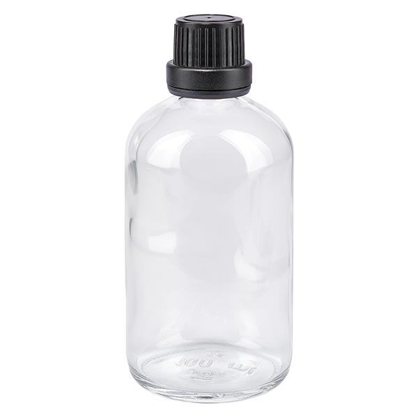 Apothekenflasche klar 100ml Tropfverschluss Premium 2mm schwarz Originalitätsverschluss