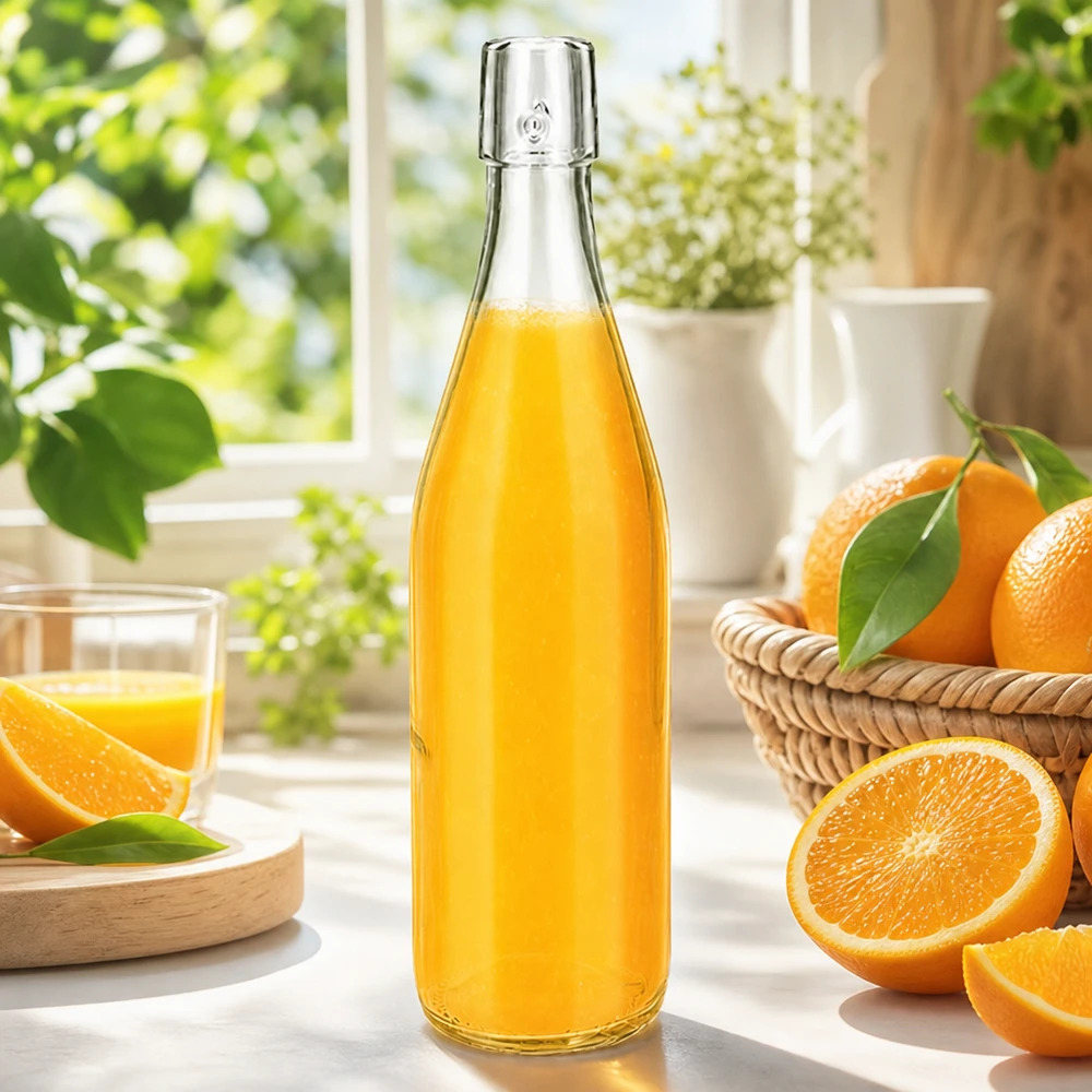 500ml Glasflasche ohne Bügelverschluss UNiTWIST® 500ml UNiTWIST Glasflasche mit frischem Orangensaft auf sonniger Fensterbank mit Orangen und Glas im Landhausstil