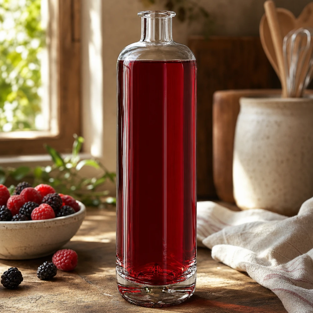 700ml Glasflasche Ella mit rotem Beerensaft gefüllt neben frischen Himbeeren und Brombeeren in rustikaler Küche