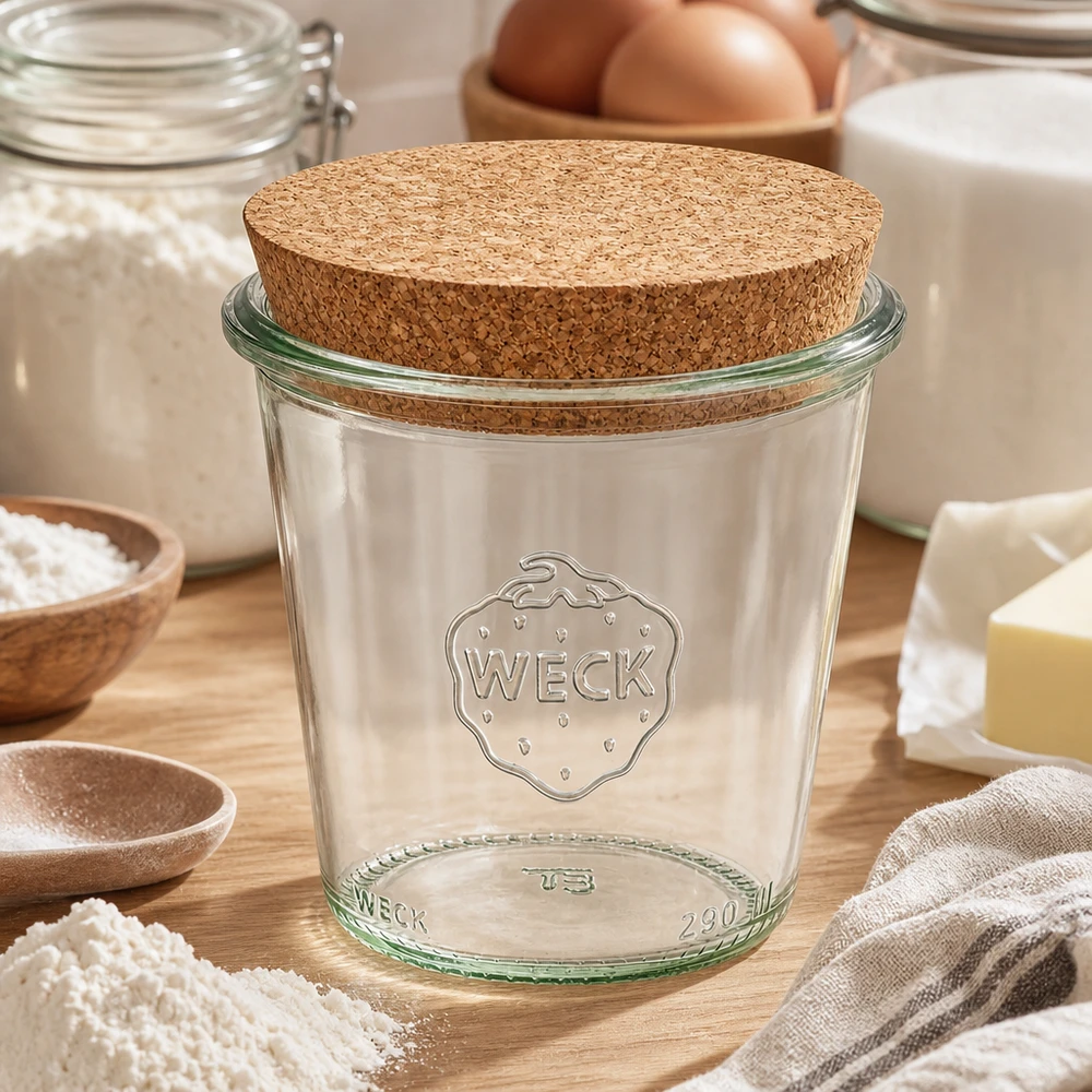 WECK Sturzglas 290ml RR80 mit Korkdeckel in Küche umgeben von Backzutaten Mehl Eiern und Milch auf Holzuntergrund