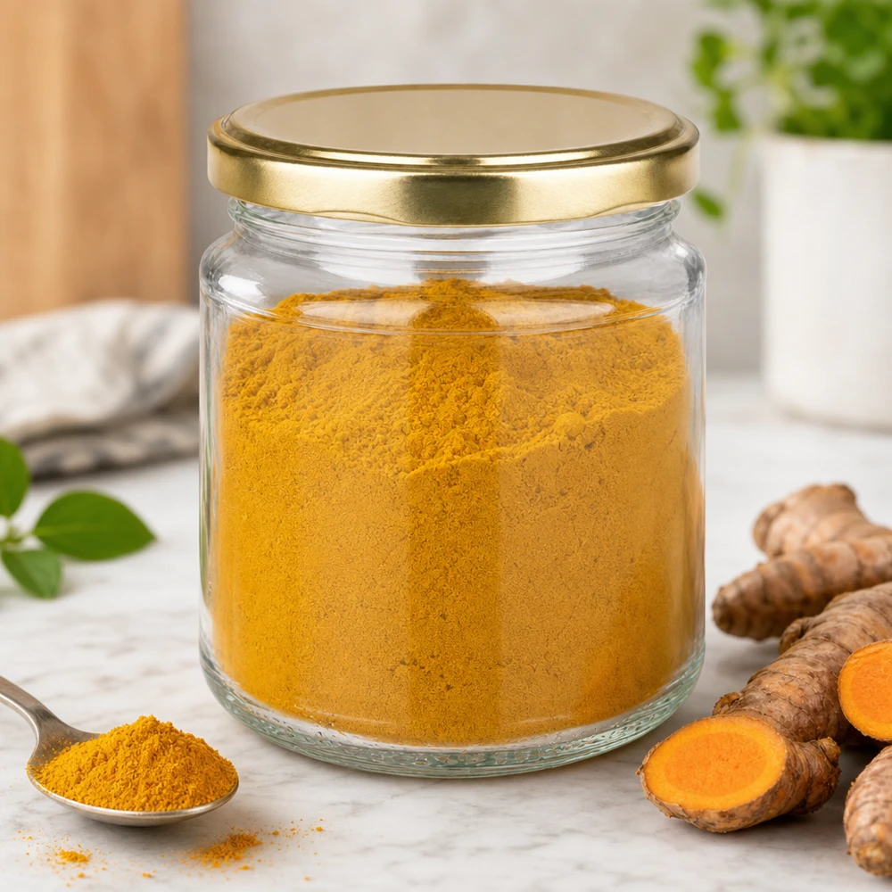 212ml Rundglas UNiTWIST mit goldenem Deckel gefüllt mit Kurkuma-Pulver neben frischen Kurkuma-Wurzeln auf Küchentheke