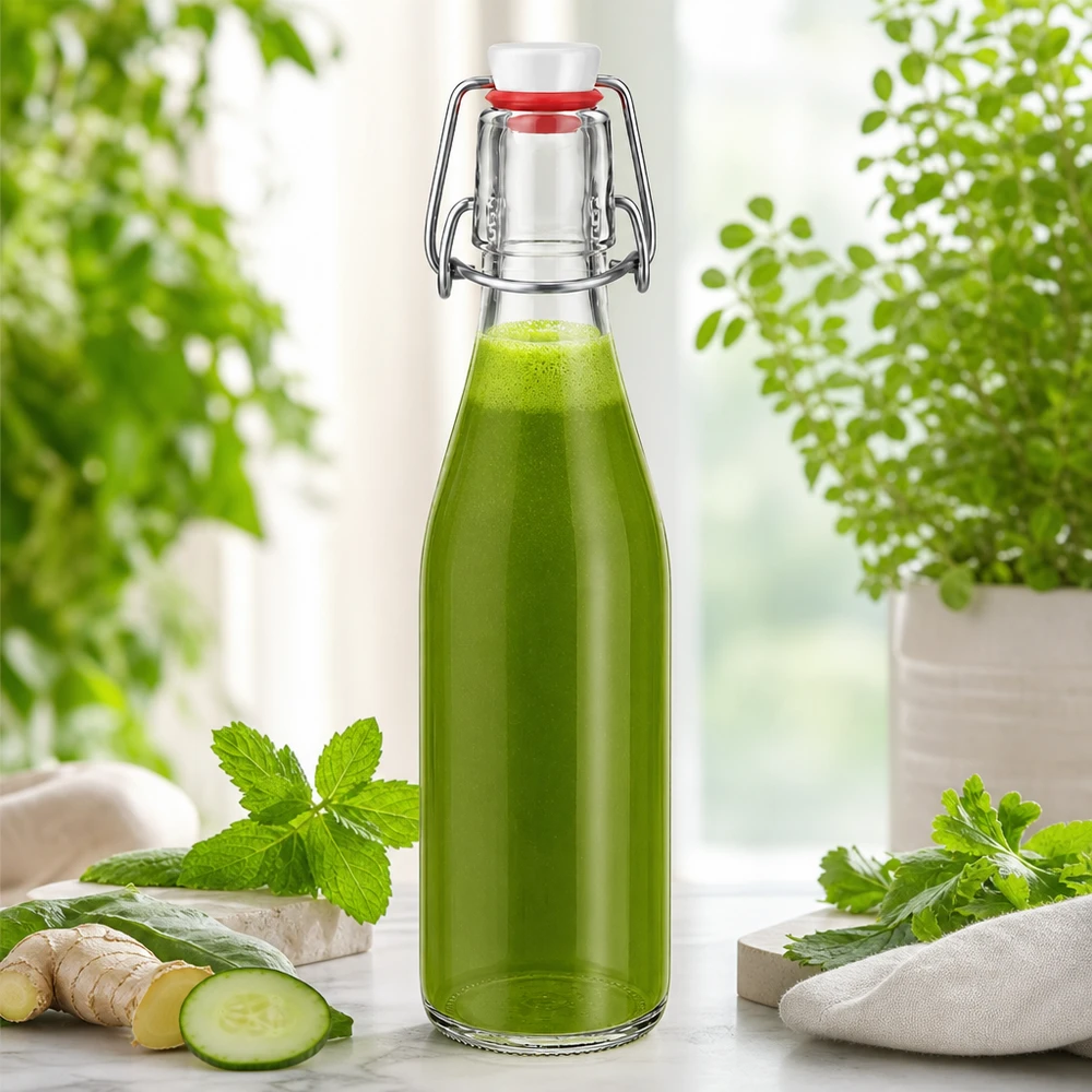 250ml Glasflasche und Bügelverschluss PVC UNiTWIST 250ml Glasflasche mit Bügelverschluss gefüllt mit grünem Smoothie, Ingwer Gurke Minze Kräuter natürliche Zutaten