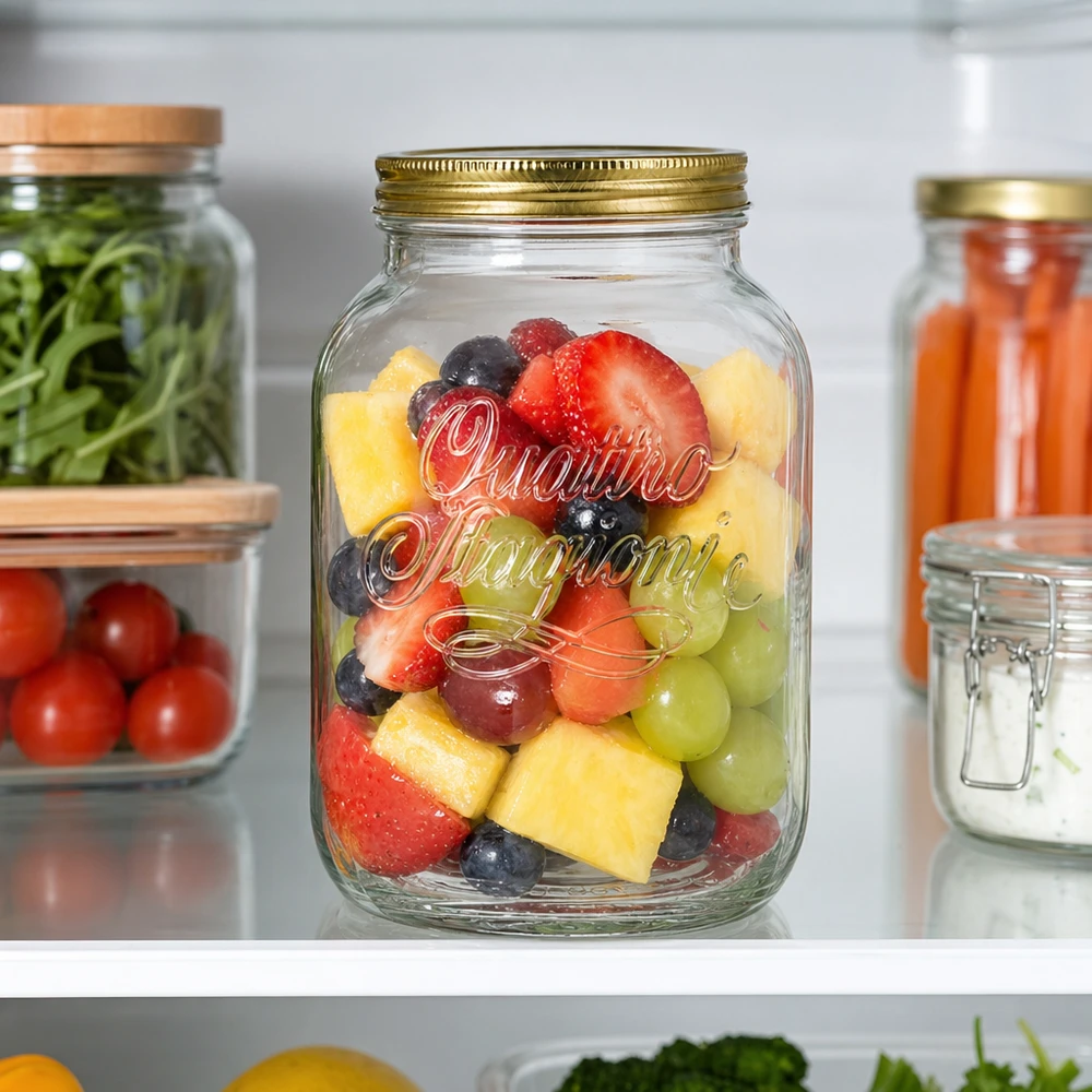 3000ml Rundglas "Quattro Stagioni" mit Deckel 3000ml Quattro Stagioni Rundglas mit frischem Obstsalat im Kühlschrank neben Gemüse und anderen Vorratsgläsern